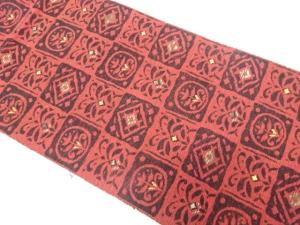 アンティーク　市松に抽象花模様織り出し紬名古屋帯（着用可）